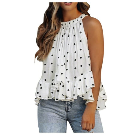 CLZOUD Spaghetti Strap Peplum Top White Women S Summertime Fashion O-neck Vest Layered Ruffles Print Sleeveless Top S