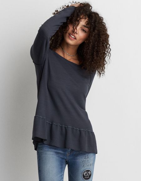 Ae Long Sleeve Ruffle Top