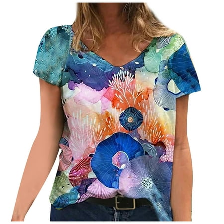 CLZOUD Womens Fitted Shirts Orange Polyester Blend Plus Size Women Short Sleeve Printed V-Neck Tops Tee T-Shirt Blouse Xxxxxl