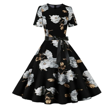 CLZOUD Flowy Dress for Women Black Polyester Spandex Women S Vintage Print Dresses Short Sleeve Swing Party Dresses Big Swing Puffy Dresses L
