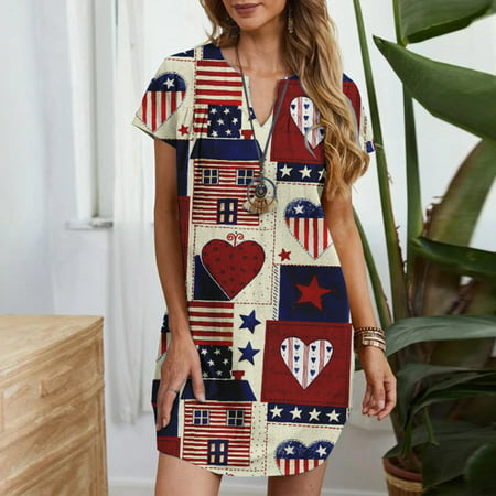 Perfect Summer Gift HIMIWAY Maxi Cheap MIDI Wedding Guest Plus Size Women 4542 Summer Loose Casual Large Size Patriot V-Neck Sleeveless Dress Multicol