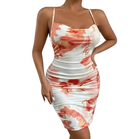 CLZOUD Dress Summer for Women Pink Milk Silk 2023 New Women S Backless Halter Tie Dye Camisole Dress Bodysuit Party Club Mini Dress L