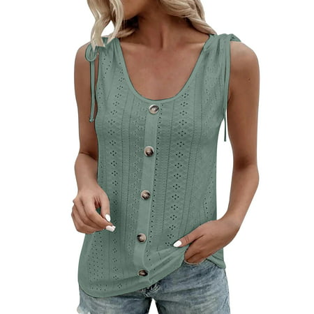 CLZOUD Fashion Blouse Women Nylon Spandex Women Loose U Neck Sleeveless Tops Casual Pure Color Pleated Eyelet Summer Shirts Vest Blouse Xxxl