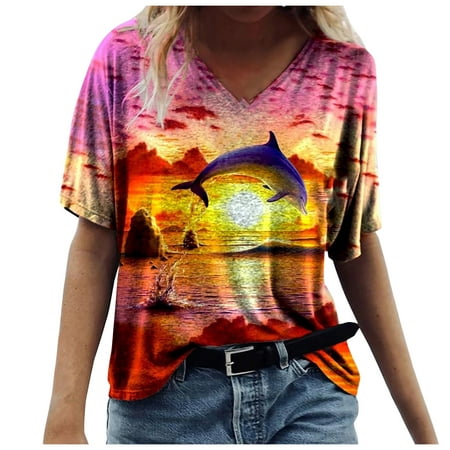 CLZOUD Shirts for Women Red Polyester Women S Casual Fashion Loose V-neck Marine Animal Print Short-sleeved Tops S