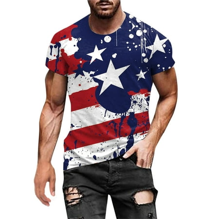 American Flags Men T Shirts 3D Digital Printing Round Neck Short Sleeve Blouse Stars and Stripes 4th of July Graphic Tees for Men White L