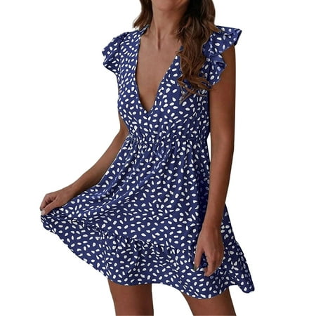 CLZOUD Casual Summer Dresses for Women Navy Polyester Spandex Womens Boho Floral Smocked Dress Casual Summer Beach Flowy Sun Dress Puff Sleeve Mini Sh
