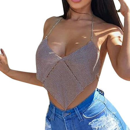 CLZOUD Women S Summer Camisole Black Women Chain Clothes Beading Tassel Sleeveless Backless Halter Crop Top Club Vintage Tank Tops