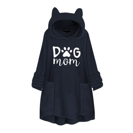 CLZOUD Womens T Shirt Summer Navy Polyester Women Embroidery Cat Ear Plus Size Hoodie Pocket Top Sweater Blouse L