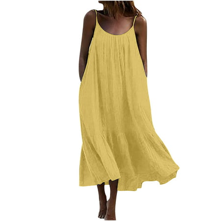 Ersazi Short Sleeve Round-Neck Dress Women S Summer Maxi Dress Casual Boho Sleeveless Spaghetti Strap Smocked Tiered Long Beach Sun Dresses Maid Dress