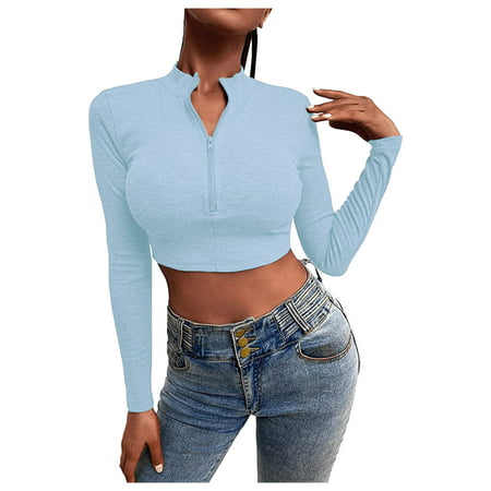 CLZOUD Soft T Shirts for Women Blue Women S Tops V Neck Long Sleeve Half Zipper Crop Shirts Blouse Xl