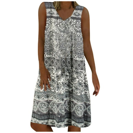 CLZOUD Womens Fashion Dresses Grey Polyester Women Summer Dress Vintage Loose V-neck Print Sleeveless Tank MIDI Dress S