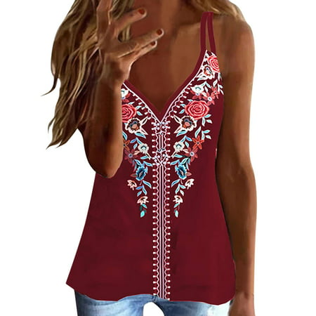 GWAABD Tanks Tops Bras Women Ethnic Print V Neck Sling Backless Sleeveless T Shirt Top Tank Top