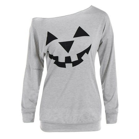 CLZOUD Smart Casual Shirts for Women Grey Women S Casual Print T-shirt Off-the-shoulder Long Sleeve Top Sweatshirt S