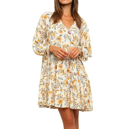 CLZOUD Dresses for Women 2023 Casual Yellow Polyester Women S V Neck Flowy Dresses Loose Casual Long Sleeve Tunic Short Tshirt Dress M