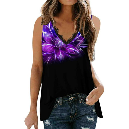 CLZOUD Camisole Tops for Women Sleeveless Purple Women Summer Sleeveless Black 3DPrinted V Neck Lace Tank Tops Casual Vest Tops Xxl