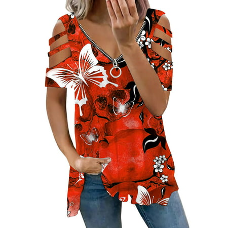 CLZOUD Womens Blouses and Tops Dressy for Work Red Womens Fashion Top Zipper Off Shoulder Short Sleeve Butterfly Print T Shirt Short Sleeve S