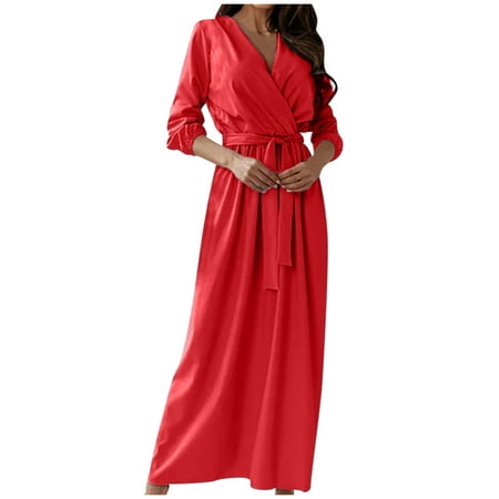 GWAABD Fashion Dresses for Women Women Fashion Long Dress V-neck Elegant Soft Dress Long Sleeve Solid Color Beautiful Casual Party Elegant Dresses