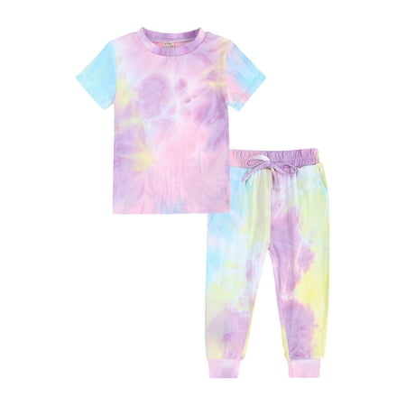 GWAABD Toddler Girl Clothes Set Purple Cotton Blends Kids Toddler Boy Girls Clothes Sports Casual Tie Dye Prints Short Sleeves T Shirt Elastic Waist P