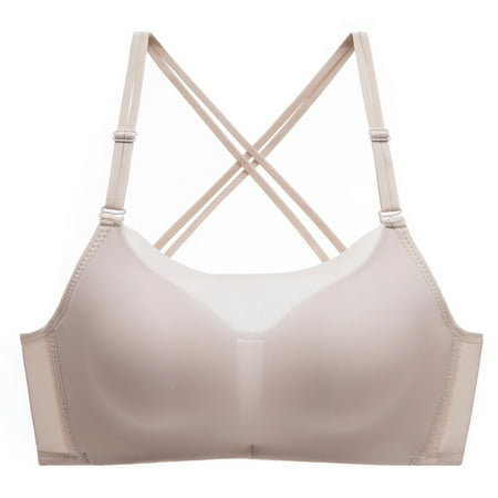 CLZOUD Womens Comfortable Bras Beige Nylon Women Wireless Bra Top Vest Breathable Chest Pad Wearing Sports Underwear U Back Lifting Bra 1Pack L