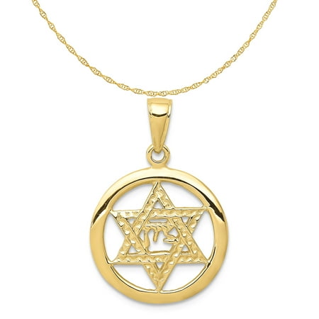 Carat in Karats 10K Yellow Gold Jewish Chi in Star of David Pendant Charm (25mm X 17mm) with 10K Yellow Gold Lightweight Rope Chain Necklace 16