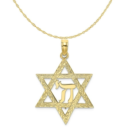 Carat in Karats 10K Yellow Gold Star of David with Chi Center Pendant Charm (26.8mm) with 10K Yellow Gold Lightweight Rope Chain Necklace 16