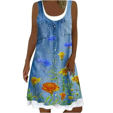 Fall Dresses for Women Clearance Casual Round-Neck Floral Printing Fake Two-Piece Sleeveless Dress