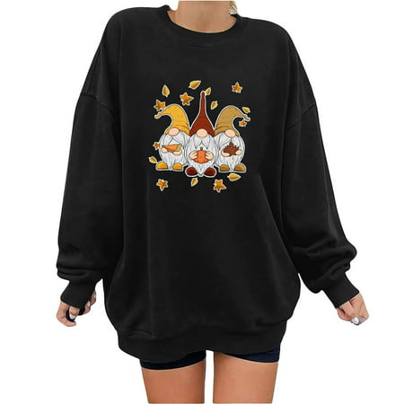 GWAABD Women Loose Hoodie Sweatshirt Thanksgiving Cute Print Solid Color Top Loose Round Neck Long Sleeve Casual Loose Pullover Womens Top Sweater