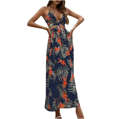 Bigersell Party Dresses Women S Bohemian Beach Camis Sleeveless V-Neck Halter Backless Elastic Long Dress Women S Plus Shirt Dress Style 4542  Female 