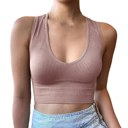 CLZOUD Cute Tank Top for Women Pack Rose Gold Ribbed Women S Fashionable Umbilical Underwear Deep V Neck Vest Cool Summer Camisole Umbilical Camisole 