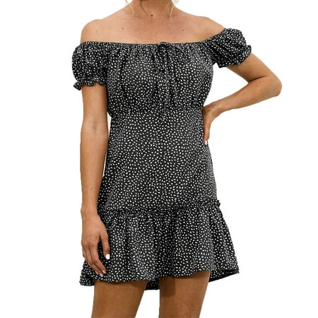 Bigersell Prom Dresses Women S Off Shoulder Puff Sleeve Print Casual Ruffles Dress Wedding Dresses Women S Plus Faux-Wrap Dresses  Style 4888  Black L