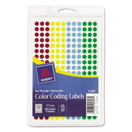 Avery 2PK Handwrite-Only Self-Adhesive \ See Through\  Removable Round Color Dots  0.25\  Dia  Assorted  216/Sheet  4 Sheets/Pack  (5796)