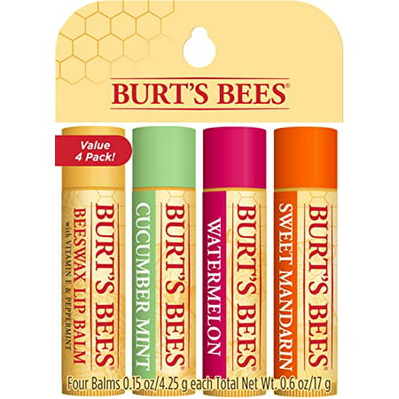 Burt S Bees 100% Natural Moisturizing Lip Balm  Freshly Picked Beeswax  Cucumber Mint  Watermelon  & Sweet Mandarin  4 Tubes