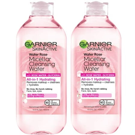 Garnier SkinActive Micellar Water with Rose Water and Glycerin  Facial Cleanser & Makeup Remover  All-in-1 Hydrating  13.5 Fl. Oz  2 Count (Packaging 