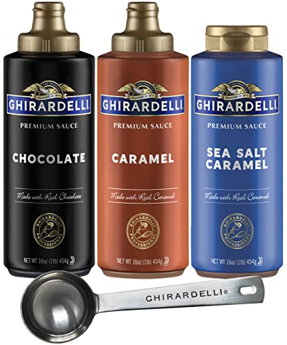 Ghirardelli - Sea Salt Caramel, Chocolate and Caramel Flavored Sauce 16 Oz Bottles (Set of 3) with Ghirardelli Stamped Barista Spoon