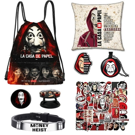 M0ney Heist La Casa De Papel TV Show Set Drawstring Bag Stickers Necklace Bracelet Button Pin Gifts for Children Teens Adults Fans (a)