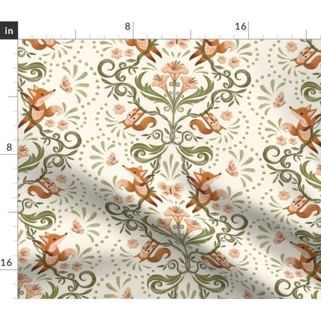 100% Cotton Fabric Fat Quarter - Whimsical Orange Fox Squirrel Botanical Nature Garden Cream Green Pink Sweet Cute Custom Printed Fabric by Spoonflowe