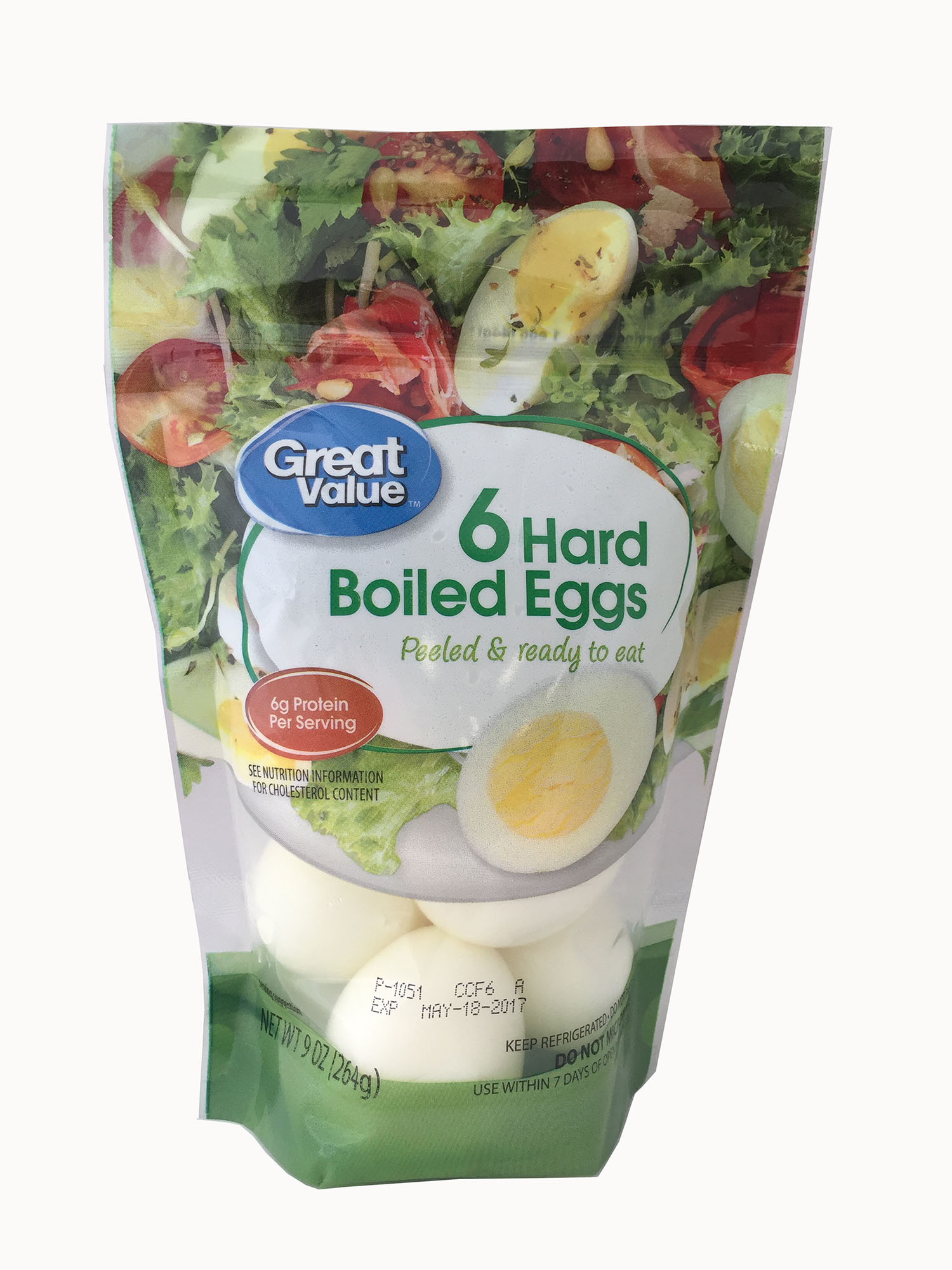Great Value Cage-Free Hard Boiled Eggs, 9.31 oz, 6 Count