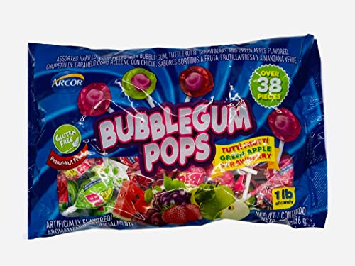 Bubblegum Pops, Assorted Hard Lollipops with Bubble Gum, Flavors Include Tutti-frutti, Strawberry and Green Apple, Gluten Free, Peanut Free, 16 Oz