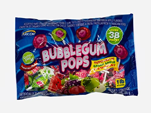 Bubblegum Pops, Assorted Hard Lollipops with Bubble Gum, Flavors Include Tutti-frutti, Strawberry and Green Apple, Gluten Free, Peanut Free, 16 Oz thumbnail