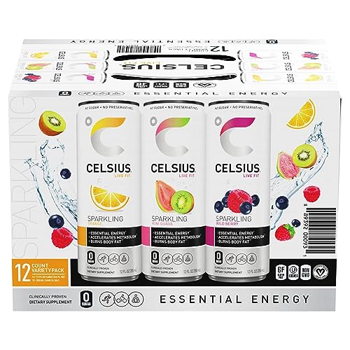CELSIUS Sparkling Variety Pack (Orange, Wild Berry, Kiwi Guava - 12 Pack