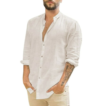CLZOUD Men S Casual Shirts Beige Cotton Men S Casual Solid Shirt Long Sleeve Button Turn-Down Collar Tops Shirt M