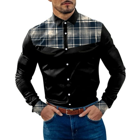 GWAABD Zip up Mens Fashion Casual Retro Distressed Plaid Stitching Lapel Button Long Sleeve Shirt
