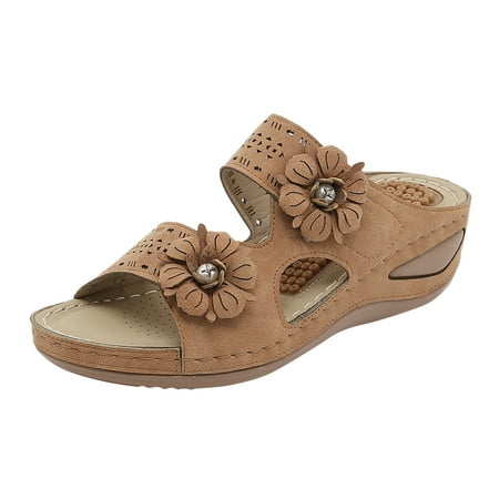 GWAABD Women S Slide Sandals Women Summer Flowers Casual Open Toe Wedges Massage Soft Bottom Slippers Breathable Slip on Shoes Sandals
