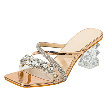 GWAABD Boot Slippers for Women Indoor Outdoor Women Square Heel with Diamond Slippers Square Head Rhinestone with Transparent Thick Heel High Heeled S