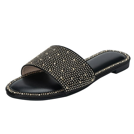 GWAABD Women Walking Sandals Women Slip on Flat Sandals Casual Bling Rhinestone Strap Sandals Open Toe Slide Sandals for Ladies