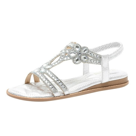 GWAABD Women S Comfortable Walking Sandals Women Rhinestone Decor Slingback Sandals Elastic Ankle Strap Casual Bohemian Beach Shoes