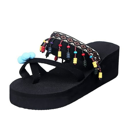 GWAABD Anti Sweat Slippers Women S High Heeled Bohemian Clip Foot Flip Flop Thick Bottom Beach Fringed Sandals Beach Shoes