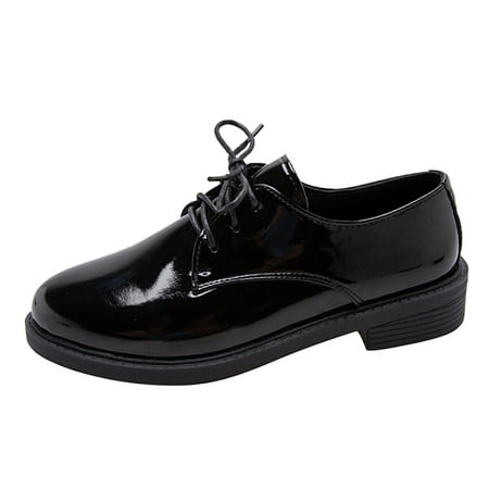 GWAABD Women Fashion Shoes Leisure Women Solid Color Artificial Leather Autumn Square Heels Lace up Round Toe Shoes