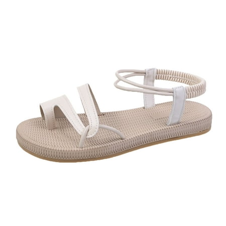 GWAABD Spring Sandals for Women 2045 Ladies Fashion Color Blocking Leather Flat Bottom Cover Toe Straw Woven Bottom Elastic Belt Sandals