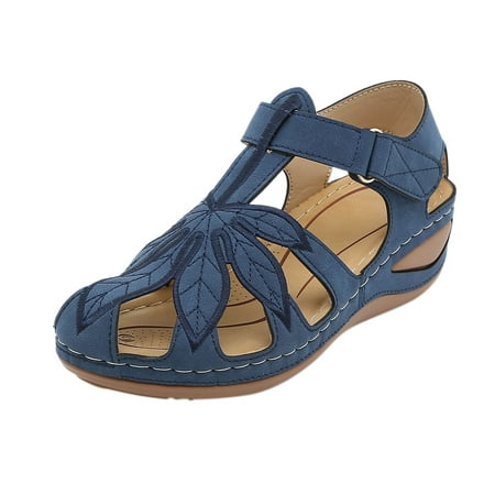 GWAABD Spring Sandals for Women 2045 Women Summer Flower Embroidery Hook Loop Casual Round Toe Wedges Comfortable Beach Shoes Sandals